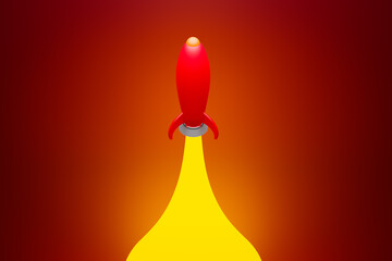 3D illustration of a red cartoon-style rocket rushing into space, leaving a trail of yellow on a dark orange background. 