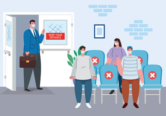 social distance in the waiting room, people wearing medical mask, prevention coronavirus covid 19 vector illustration design