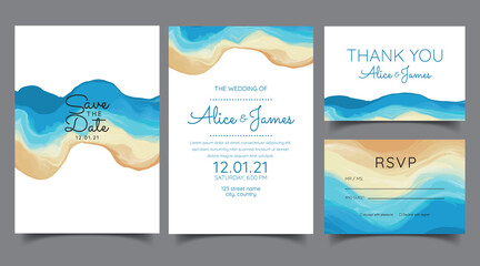 Wedding card sets, invitations. Save the date sea style design. Wash blue watercolor. Summer background. hand-drawn coral reefs.