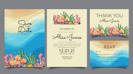 Wedding card sets, invitations. Save the date sea style design. Wash blue watercolor. Summer background. hand-drawn coral reefs.
