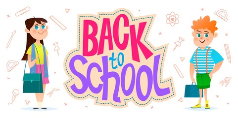 Back to school. Horizontal banner with text, pupils and icons. Cartoon style illustration.