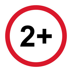 2+ restriction flat sign with red circle isolated on white background. Age limit symbol. No under two years warning illustration