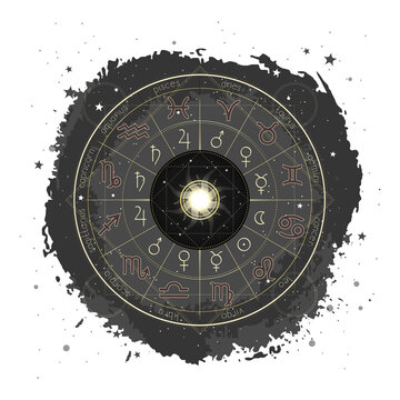 Vector illustration with Horoscope circle, Zodiac signs and pictograms astrology planets on a grunge background with Sun. Image in yellow and black color.
