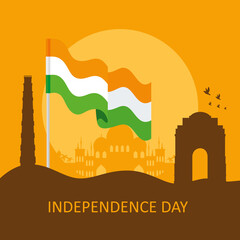 india happy independence day celebration with silhouette of famous monuments vector illustration design