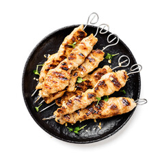 Grilled chicken satay skewers with peanut butter sauce. isolated on white background