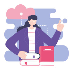 online training, woman teaching lesson books, education and courses learning digital
