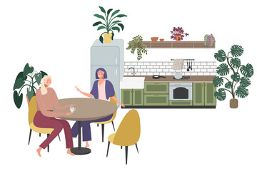 Two girls family eating lunch and drinking together. Sisters or friends sitting having dinner at home table. Kitchen interior. Flat style vector illustration isolated on white background.