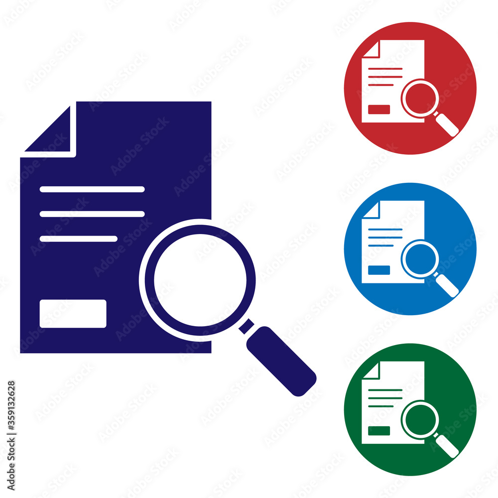 Poster blue document with search icon isolated on white background. file and magnifying glass icon. analyti