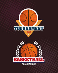 set labels, league basketball championship, emblem, designs with basketball ball vector illustration