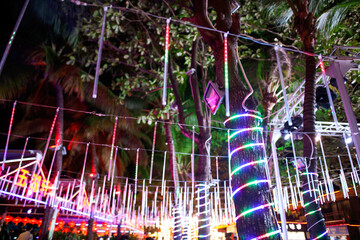 Festive decoration hang on palm trees on the nature