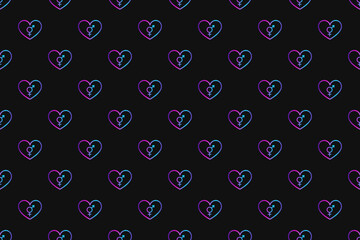 Seamless pattern with neon heart with intersexuality symbol on black background. Violet, pink and blue gradient. Stock illustrtaion for web, print, holiday cards and invitations, wallpaper