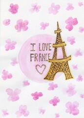 watercolor illustration of pink plate with pancake in the shape of the Eiffel tower and inscription 