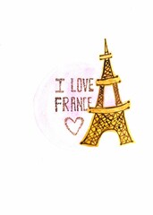watercolor illustration of pink plate with pancake in the shape of the Eiffel tower and inscription 