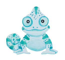 Hand drawn watercolor illustration of a chameleon with big eyes isolated on white background.