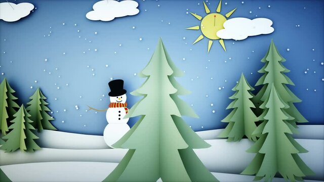 Snowman Paper flat animation. Happy new year and xmas background. Snowfall. Realistic 4K animation.