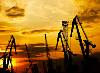 Monumental Cranes at sunset in Sea Port. Outdoors