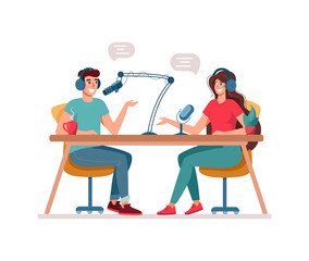 Concept of podcasting, radio station, interview. Man and woman are DJs on the radio. Podcast presenters with a microphone talking live in studio. Vector flat .characters, isolated on .white