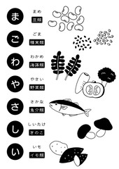 「まごわやさしい」食育イラスト白黒
