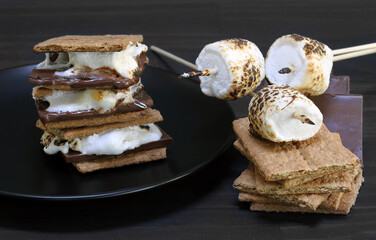 Smores roasted with crackers, marshmallows and chocolate to the side.