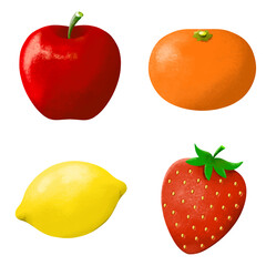 フルーツイラストセット（りんご、みかん、レモン、いちご）