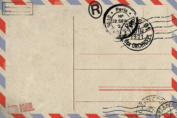 Backside of blank airmail postcard with dirty stain