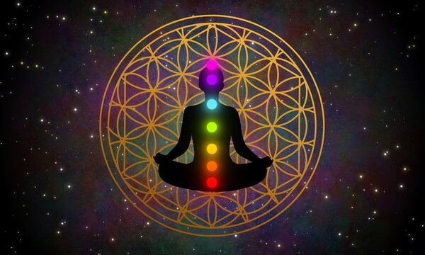 Meditation man and flower of life geometry sign