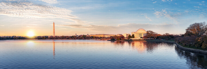 Jefferson Memorial and Washington Monument reflected on Tidal Basin in the morning, Washington DC,...