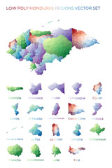 Honduran low poly regions. Polygonal map of Honduras with regions. Geometric maps for your design. Beautiful vector illustration.