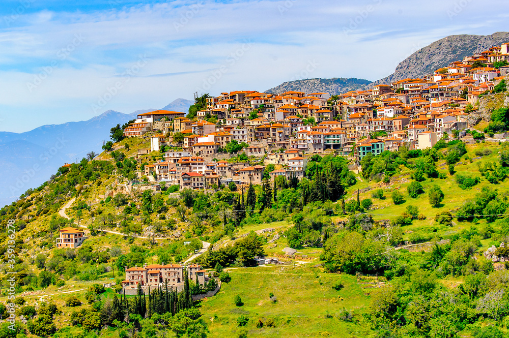 Wall mural it's houses of arachova, greece. a village on the green slopes of parnassus mountains, greece