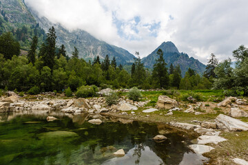 alpine high mountain lake, coniferous woods are reflected in the water, Antrona valley Campliccioli lake, Italy Piedmont