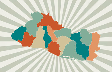 Republic of El Salvador map. Poster with map of the country in retro color palette. Shape of Republic of El Salvador with sunburst rays background. Vector illustration.
