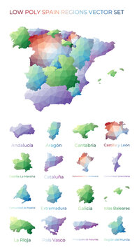 Spanish low poly regions. Polygonal map of Spain with regions. Geometric maps for your design. Classy vector illustration.