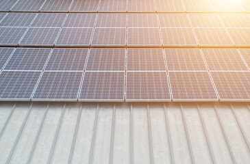 Solar panel with blue sky and sunset. green clean energy concept. clean energy, electric alternative, power in nature.