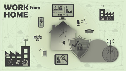Work from home illustration concept with smart factories.  Running smart factories cyber secured from home in cloud-based environment. Cloud computing and analyses, business communicated from home. 