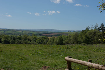 Fototapeta na wymiar Rural Devon Countryside from Abbotsham Moor with Panoramic Views of the Peaks of Dartmoor National Park in the Background on a Sunny Spring Day in England, UK