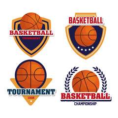set emblems, league basketball championship, designs with basketball ball vector illustration