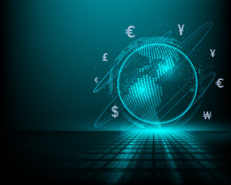 Global financial network technology and currency exchange blue background