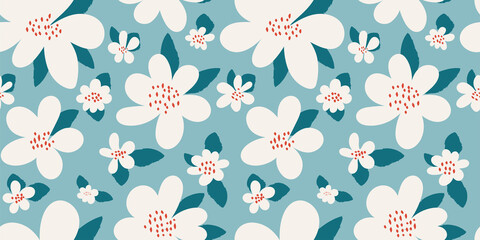 Floral print with white flowers on a pastel turquoise background. Vector Botanical seamless pattern in a hand-drawn style. Modern vintage design. Fashion template for fabrics, covers, Wallpapers...