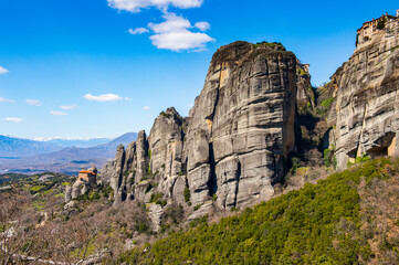 It's Monastery of the Meteora mountains, Thessaly, Greece. UNESCO World Heritage