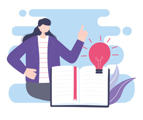 online training, young woman teaching book creativity, education and courses learning digital