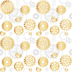 Golden openwork gears on a white background with gray cogwheels. Mechanism. Steampunk. Vector seamless pattern for wallpaper, wrapping paper, packaging, website, printing on fabric, textile and clothe