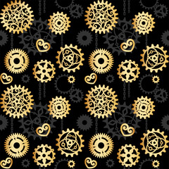 Golden openwork gears on a black background with gray cogwheels. Mechanism. Steampunk. Vector seamless pattern for wallpaper, wrapping paper, packaging, website, printing on fabric, textile and clothe