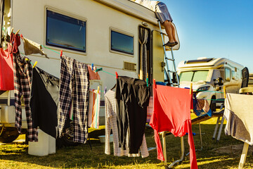 Clothes hanging to dry outdoor. Camping