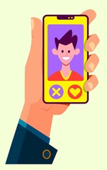Man hand holding smartphone. Dating service. Homosexual. Flat cartoon style illustration.