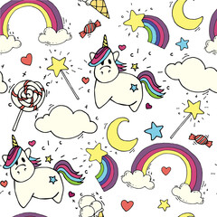 vector seamless pattern. Cute unicorns, bud wand, rainbow and clouds isolated on white background. drawings in the style of doodle, flat, cartoon. Seamless pattern for children's parties, cards.