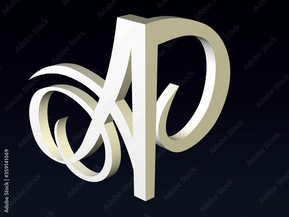 Aufkleber 3d font, font stylization of the letters a and p, font composition of the logo. 3d rendering.