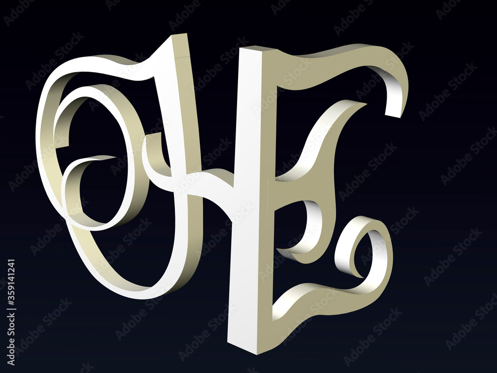 Aufkleber 3d font, font stylization of the letters h and e. font composition of the logo. 3d rendering.