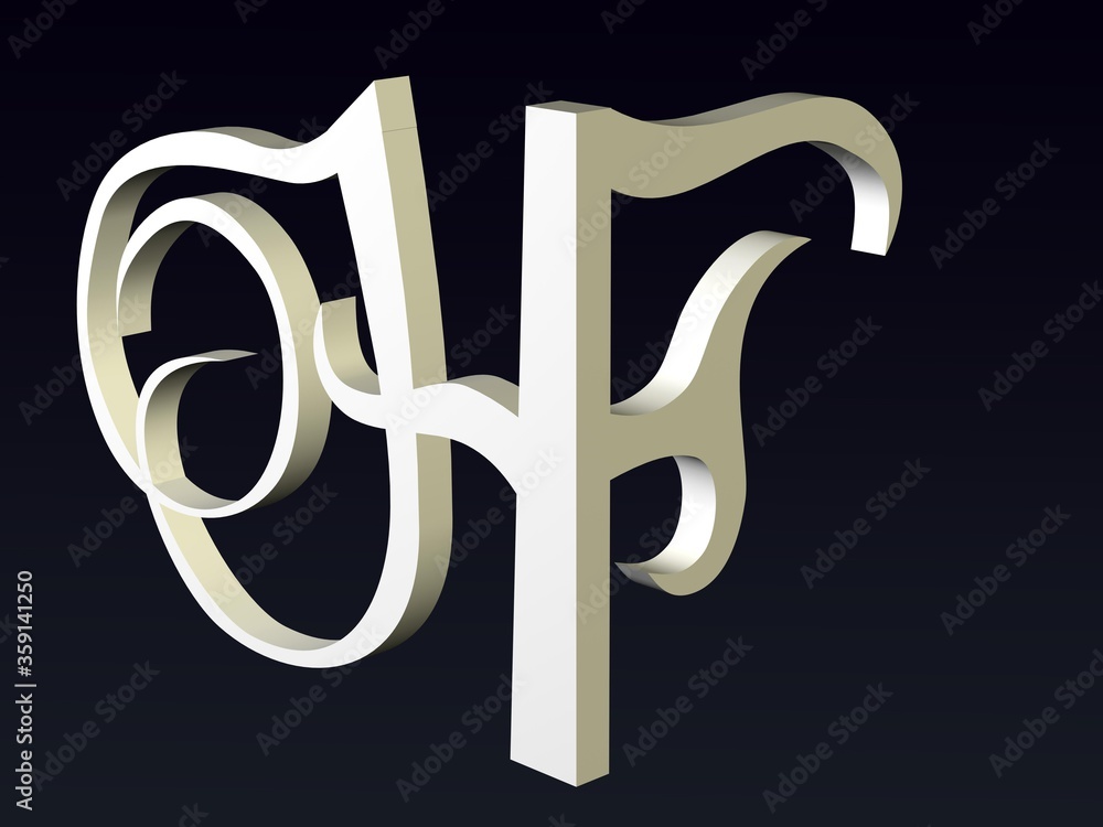 Aufkleber 3d font, font stylization of the letters h and f. font composition of the logo. 3d rendering.