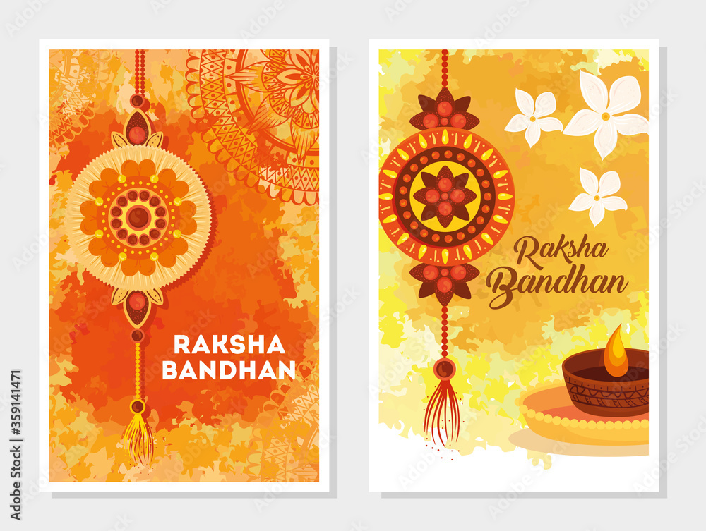 Poster greeting cards set for raksha bandhan, indian festival for brother and sister bonding celebration, the binding relationship vector illustration design