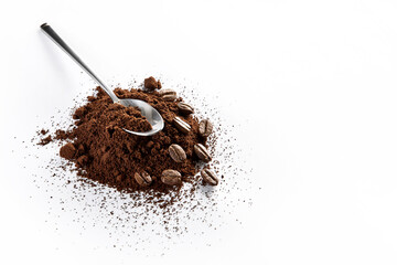 Metal spoon in coffee on a white background. Ground coffee on a white background.